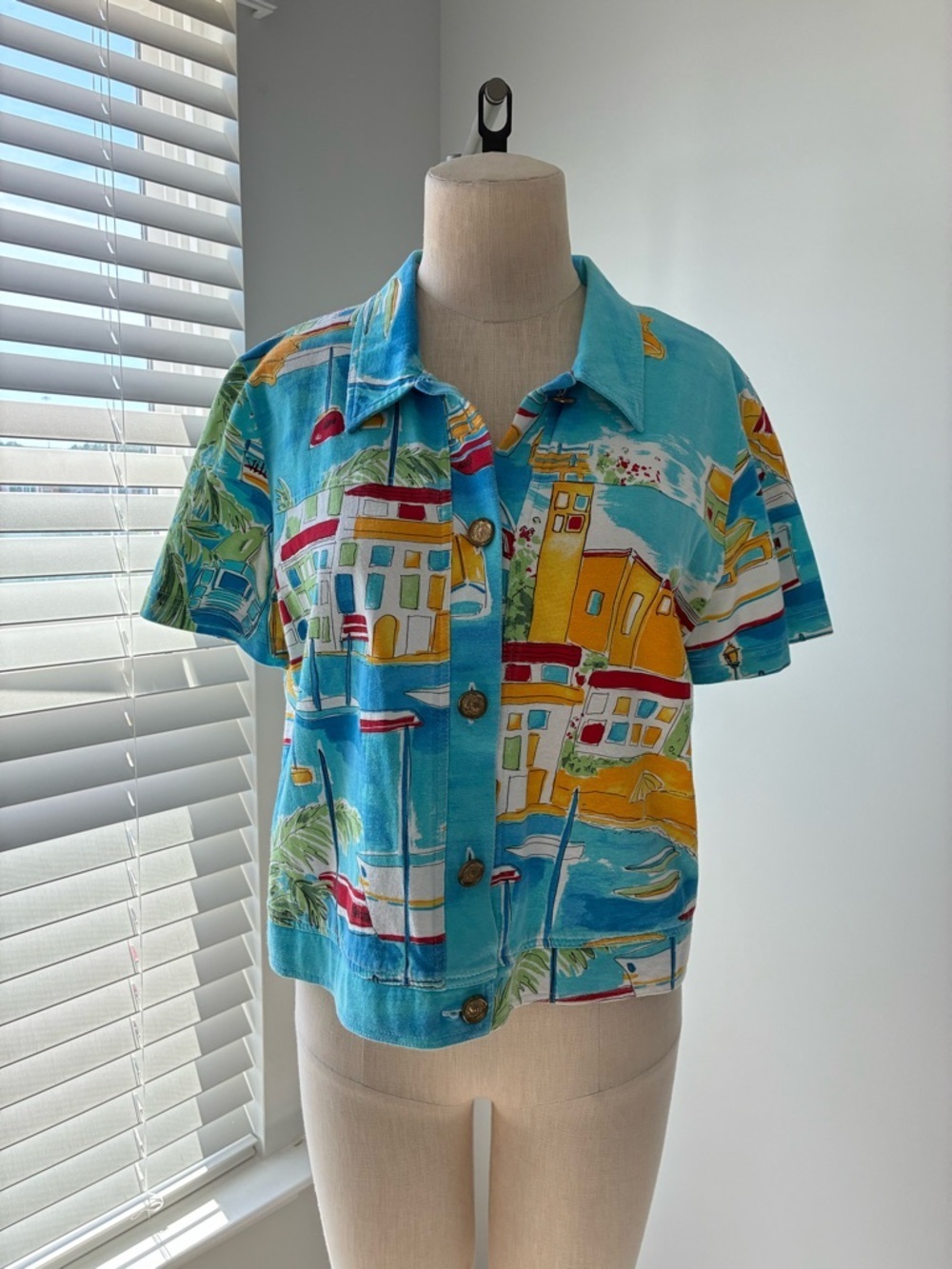 Copa Cabana Women's Tropical Coin Button Short Sleeve Polo Top